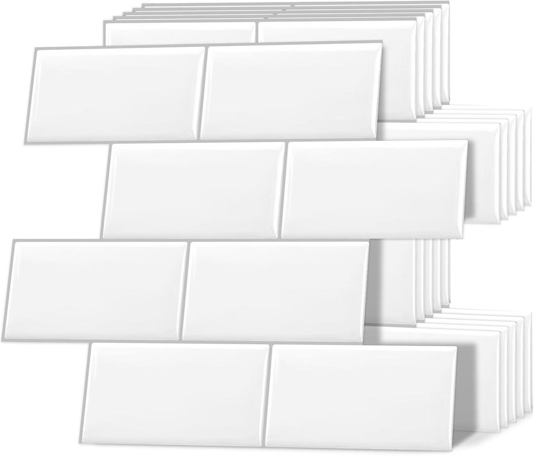 DEWOO 10 Thick White Subway Tile Peel and Stick Backsplash Self-Adhesive Wall Tiles for Kitchen and Bathroom (White With Grey Grout)