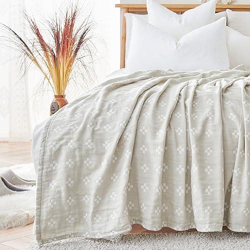 jinchan Boho 100% Cotton Blanket Muslin 50x60 Inches Lightweight 3-Layer Geometric Cross Pattern Reversible Quilt Throw Soft Breathable Comfy All Seasons for Couch Bed Decor, Light Grey