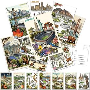 2 x 32Pack Soccer Inspired Souvenir Art USA Canada Mexico City Landmark Postcards, for Sports Fans (4x6 Inch)
