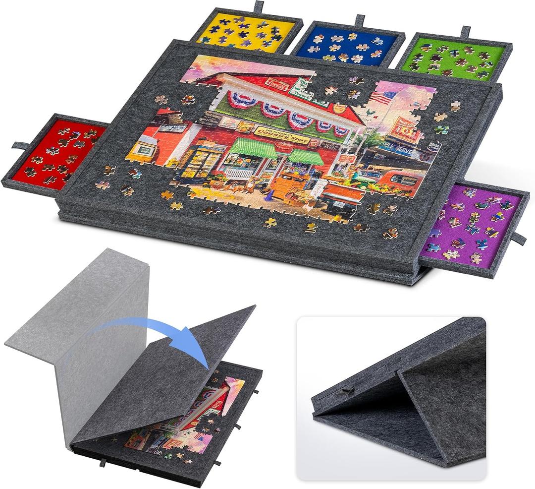 Lavievert Tilting Puzzle Board with 2-in-1 Designed Stand & Cover, Super Lightweight Felt Plateau Storage with 5 Drawers for Adults, Portable Jigsaw Puzzle Table for Up to 1000 Pieces Gray