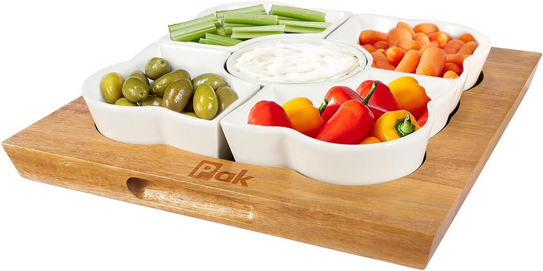 Pak Acacia Wood Serving Tray, 12" Square, Natural Brown & White, 5-Piece Set, Dishwasher Safe, Freezer & Microwave Safe, Perfect for Appetizer, Veggie, Taco, Fruit Platter