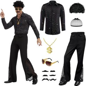 6 Pcs 70s Disco Outfit Costume for Men Dance Bell Bottom Pants Retro Shirts Moustache Sunglasses Wigs Necklace (Medium, Black)