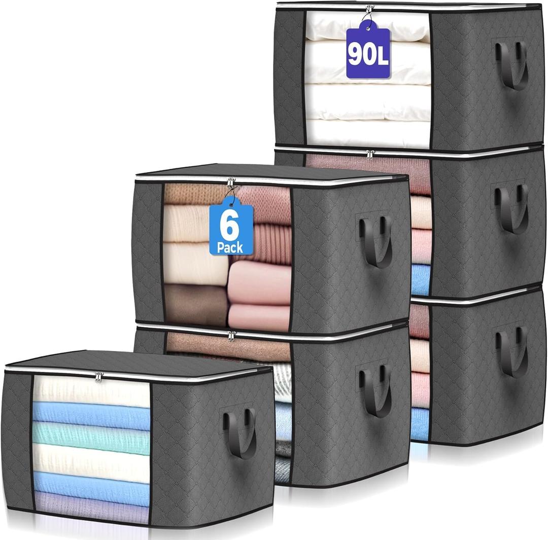90 L Large Storage Bags, 6 Pack Clothes Storage Bins Foldable Closet Organizers Storage Containers with Reinforced Handle for Clothing, Blanket, Comforters, Bed Sheets, Pillows and Toys (Gray) 
