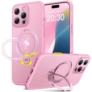 360 Spin Magnetic Stand for iPhone 16 Pro Max Case, Fit for MagSafe, All Around 4X Military-Grade Protection, Full Camera Protection,Anti-Slip Slim Phone Cover for iPhone 16 ProMax 6.9",Chalk Pink