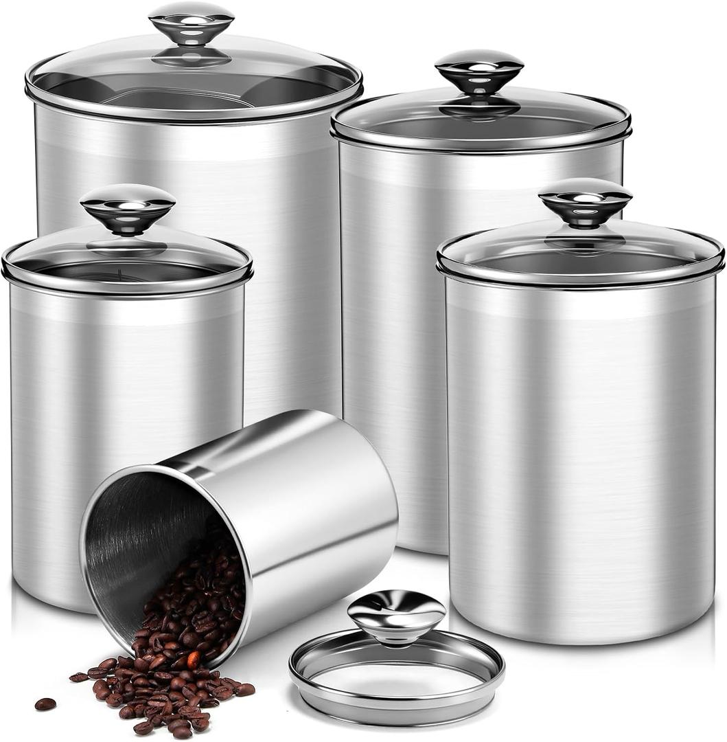 LemonRoad 5 Pcs Stainless Steel Canister with Glass Lids Airtight Food Jar Storage Canister Set (1.0qt / 1.8qt / 2.8qt / 3.9qt / 6.0qt) Food Grade Storage Containers for Kitchen (Silver)