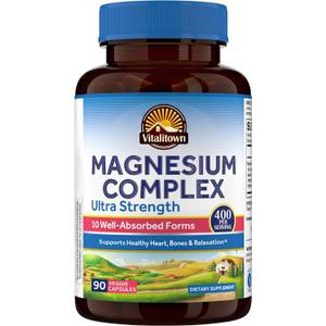 Vitalitown 10 in 1 Magnesium Complex Supplement - 400mg Elemental Magnesium Chelated with Glycinate, Citrate, Malate, Taurate & More - for Sleep Heart Energy - Non-GMO, Vegan, 90 Caps