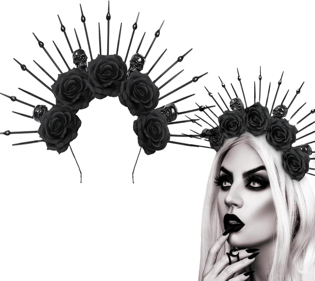 AUOCATTAIL Black Rose Flower Hair Hoop Skull Headband Gothic Cosplay Halloween Party Cosutmes Props Headpiece Accessory