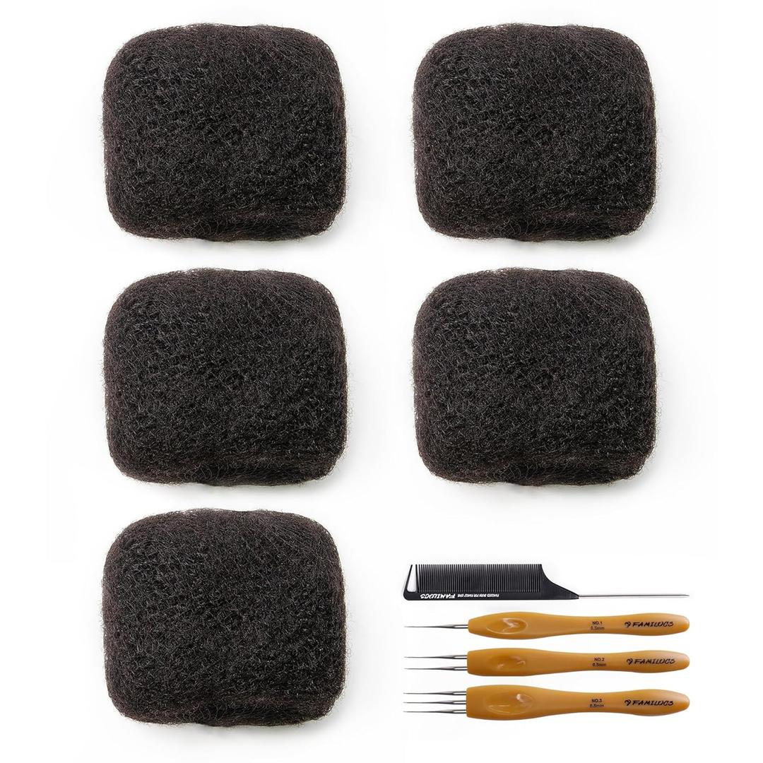 Tight Afro Kinky Bulk 100 Human Hair for Draedlock Extensions, Repair Locs, Twists and Braids (16 Inch, Natural Black, 5 Bundles with Crochet Needle Set and Rat Tail Comb)