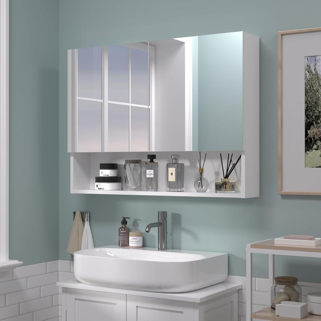 24x32 Bathroom Cabinet with Mirror, Wall Cabinet with 2 Mirrored Doors, Adjustable Shelf, Open Compartment, Wall-Mounted, White (Assembly Required), W32 x H24 2 Door