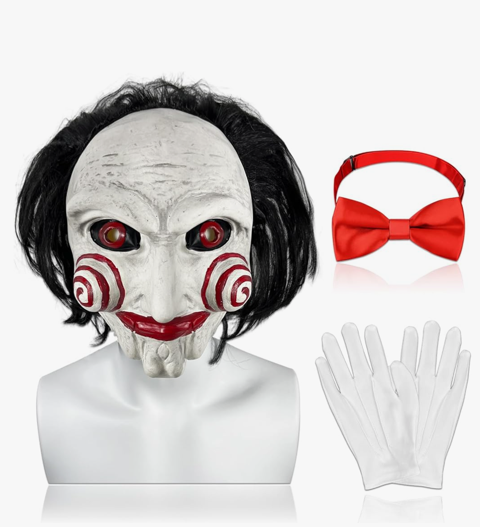 Adult Halloween Horror Mask Movie Full Head Latex Mask with Red Bow Tie and Gloves for Cosplay Props