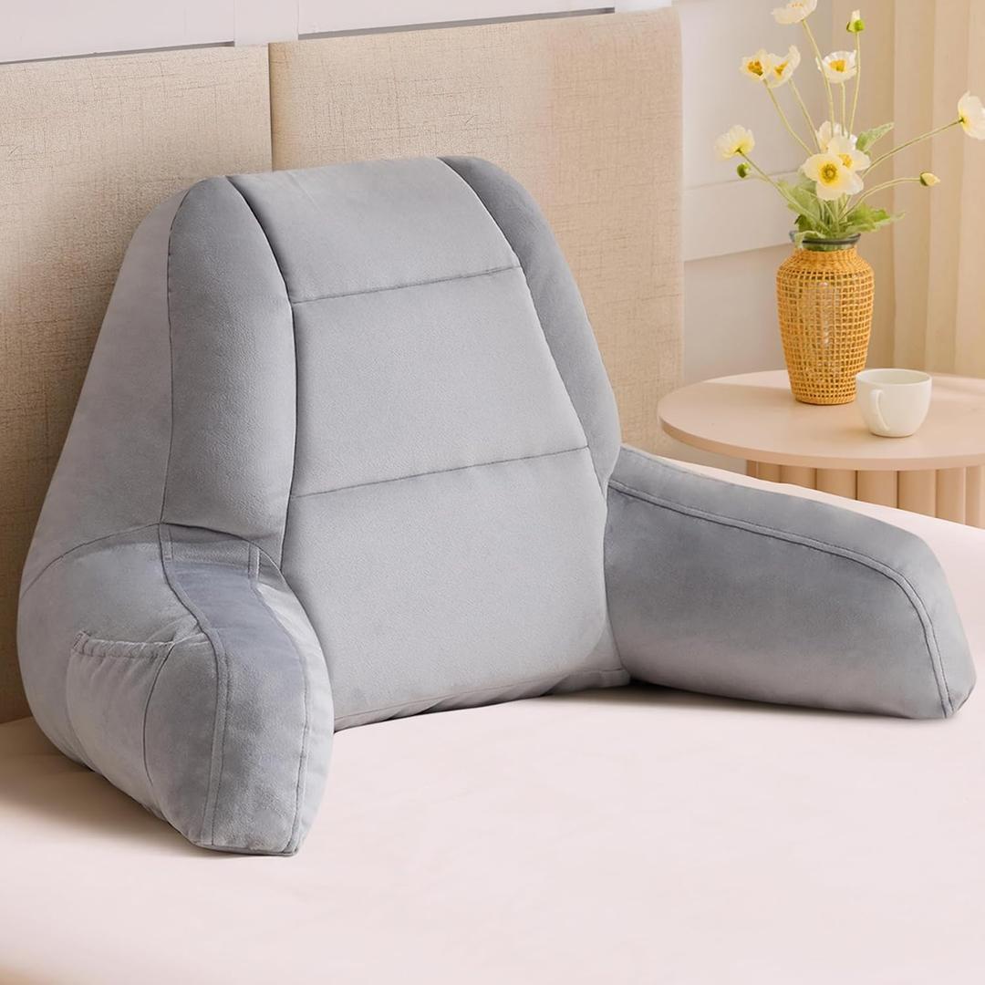 Reading Pillows for Sitting in Bed Adult, Back Pillow for Bed Sitting Up, Backrest Pillows with Shredded Foam for Adult&Teens, Support Pillow with Arms for Beds, Couch, Floor, 24in, Grey (X-Large(24inch))