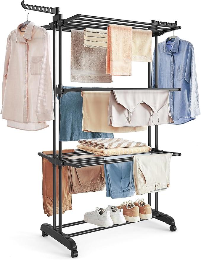 SONGMICS Clothes Drying Rack Stand 4-Tier, Foldable Laundry Drying Rack 68.1-Inch Tall, Steel, Rolling Clothes Horses Dryer Rack, Easy to Assemble, Indoor Outdoor Use, Black ULLR701G01