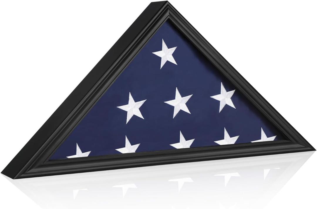 Burial Flag Display Case - Fits 5' x 9.5' Folded Veteran Flag - Wooden Military Flag Display Case with Real Glass - Matte Black