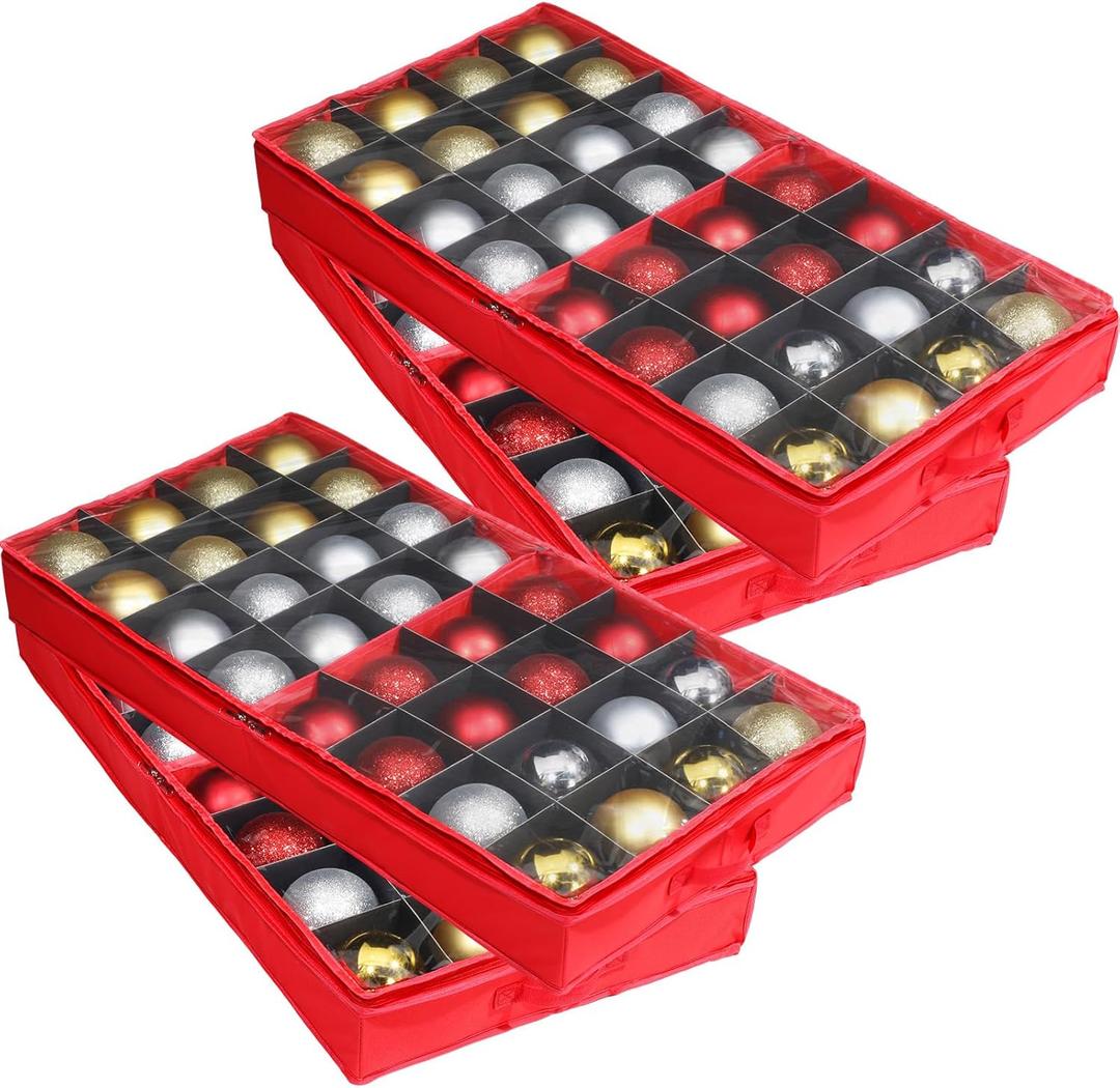Nosiny 4 Pack Red Christmas Ornament Storage Organizer 33 x 16.5 x 4 Inch Large Tray Organizer Boxes with Dividers Transparent Top Zipper Closure and Handles for Fragile Holiday Fragile Ornament
