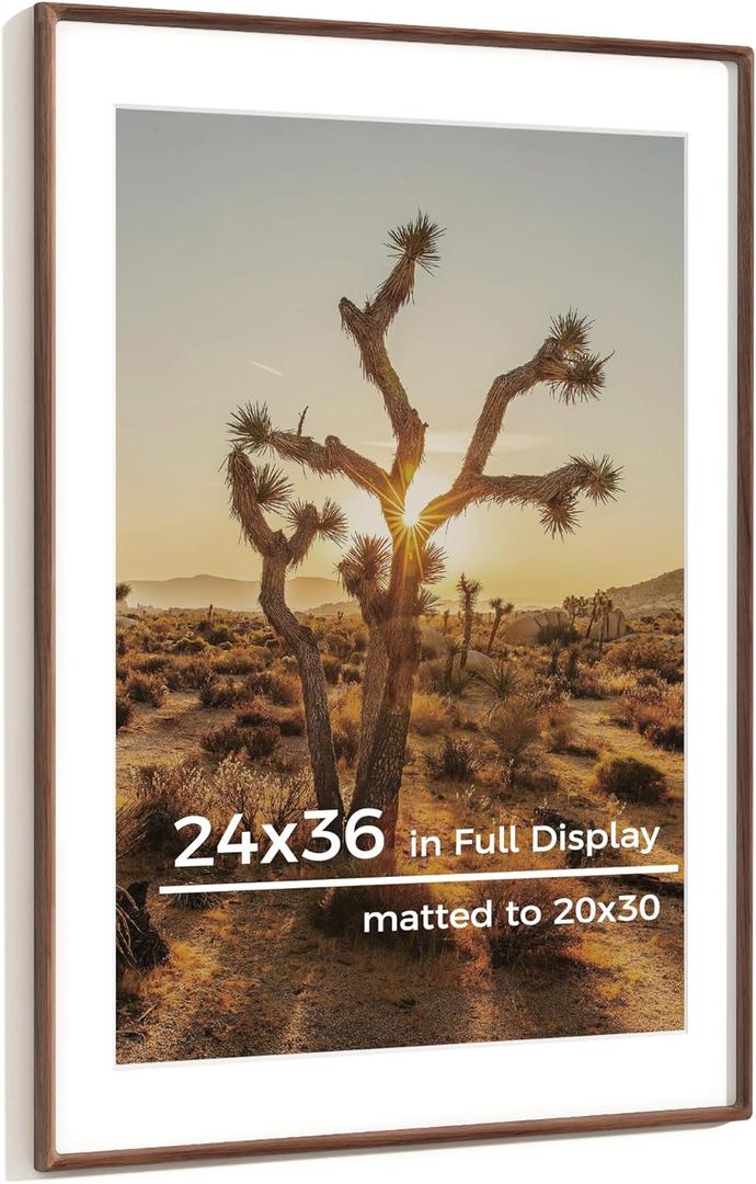 24x36 Picture Frame USA-Sourced Natural Walnut Solid Wood Photo Frame Handcrafted Rounded Corner Wooden Frame with Real Glass Display Photos 20x30 with Mat or 24x36 Without Mat