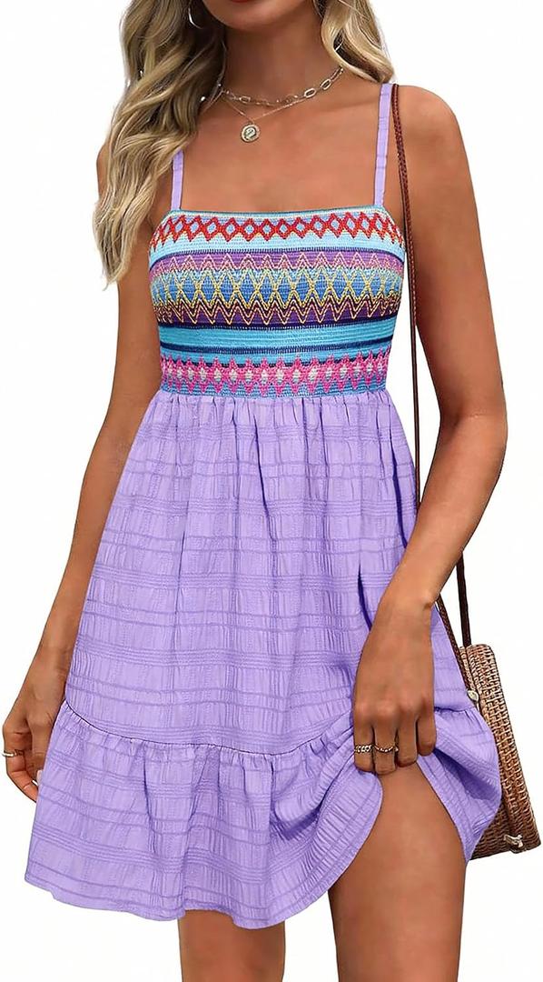 PRETTYGARDEN Womens Summer Dresses 2026 Paisley Spaghetti Strap Sleeveless Smocked A Line Boho Mini Dress with Pockets (Purple, S)