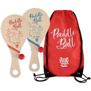 Wooden Paddle Ball (Set of 2) with Red Carry Bag Indoor Outdoor Toy: Fun and Classic Paddleball Game for Boys and Girls, Party Favor Toys Ages 4+