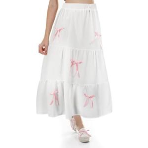 Pink Coquette Bow Skirt Dress Women's Summer Swing Pink Bow Tiered Midi Skirt Fashion Trendy Elastic Waist Pleated Flowy Long Beach Dress, Size Unknown