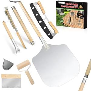 7PCS Pizza Oven Accessories Kit – Premium Pizza Making Tools Set for Home & Outdoor Ovens – Includes Pizza Peel, Oven Brush, Bubble Popper Turner, Rocker Cutter, Dough Roller & Scraper Stainless Steel