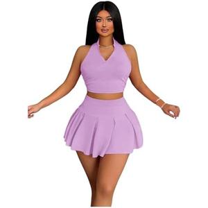 RoseSeek Women's 2 Piece Tennis Skirt Set Sleeveless Racerback Crop Tank Tops High Waisted Pleated Mini Skirt Outfits XL