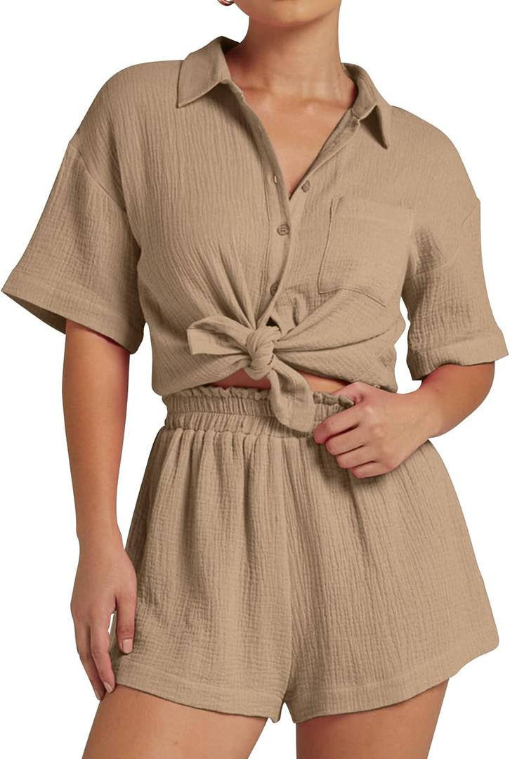 Kissonic Women's 2 Piece Outfits Track Suits Matching Sets Loungewear for Vacation Button Down Shirt and Shorts Set (X-Large, Khaki)