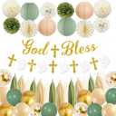 Sage Green and Gold Baptism Party Decorations - First Communion Decorations Boys Girls Christening Decor God Bless Banner Garland Tissue Paper Pom Poms and Balloons for Mi Bautizo Party Supplies