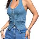 OYOANGLE Women's Vintage Denim Crop Tank Button Front Sleeveless Halter Jean Vest (Medium, Medium Wash)