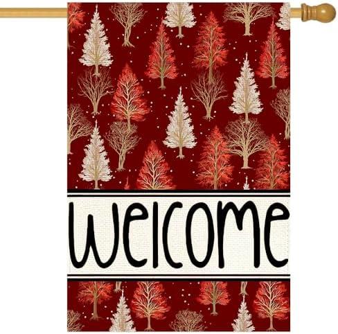 ARGOOFG Christmas Tree House Flag 28x40 Inch Double Sided Outside, Welcome Winter Xmas Holiday Outdoor Seasonal Garden Yard Decoration Red