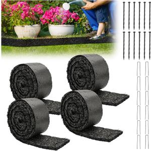 LukLoy 4Pack 120" L X 4.5" W Black Rubber Mulch for Landscaping with Fixing Stakes, Recycled Rubber Mulch Mat Roll, Permanent Weed Barrier Garden Edging Border Mat for Gardening, Plants, Flowers