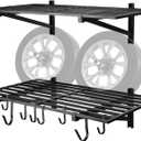 2 Pack Heavy Duty Garage Wall Shelving, 2' x 4' wall mount storage shelf, Holds 200 lbs Each, Garage Shelving Wall Mounted, Storage Rack with Hooks (Black), 46.5 x 6 x 12 inches
