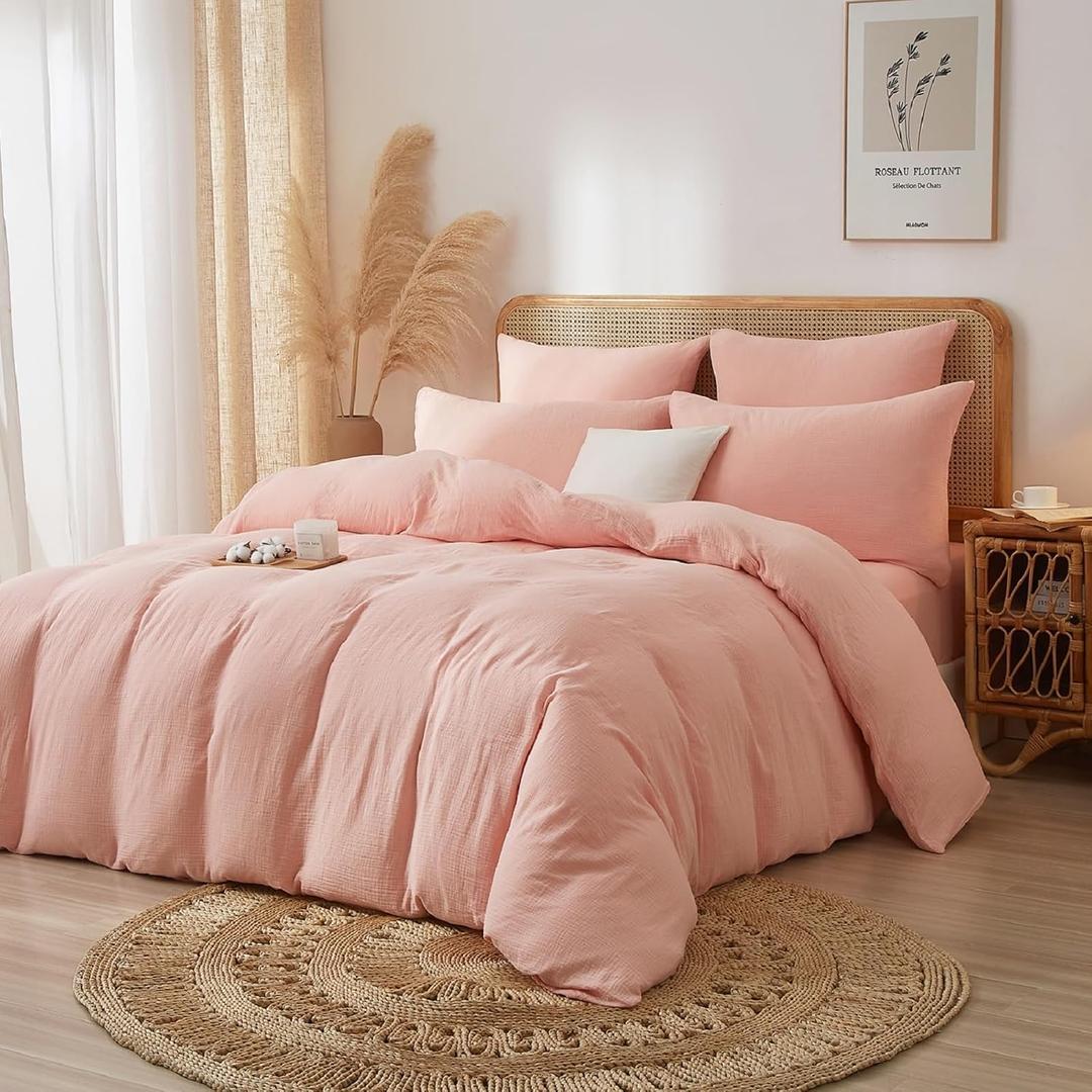 100% Cotton Muslin Duvet Cover Set Queen Size Blush Pink, Ultra Soft Breathable Absorbent Gauze Bedding Duvet Cover, Luxurious Minimalist Natural Wrinkle Linen Textured Comforter Cover 90" x 90"