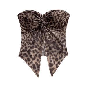 WDIRARA Women's Leopard Print Twist Tube Top Split Front Strapless Asymmetrical Bandeau Top Multicolor, L