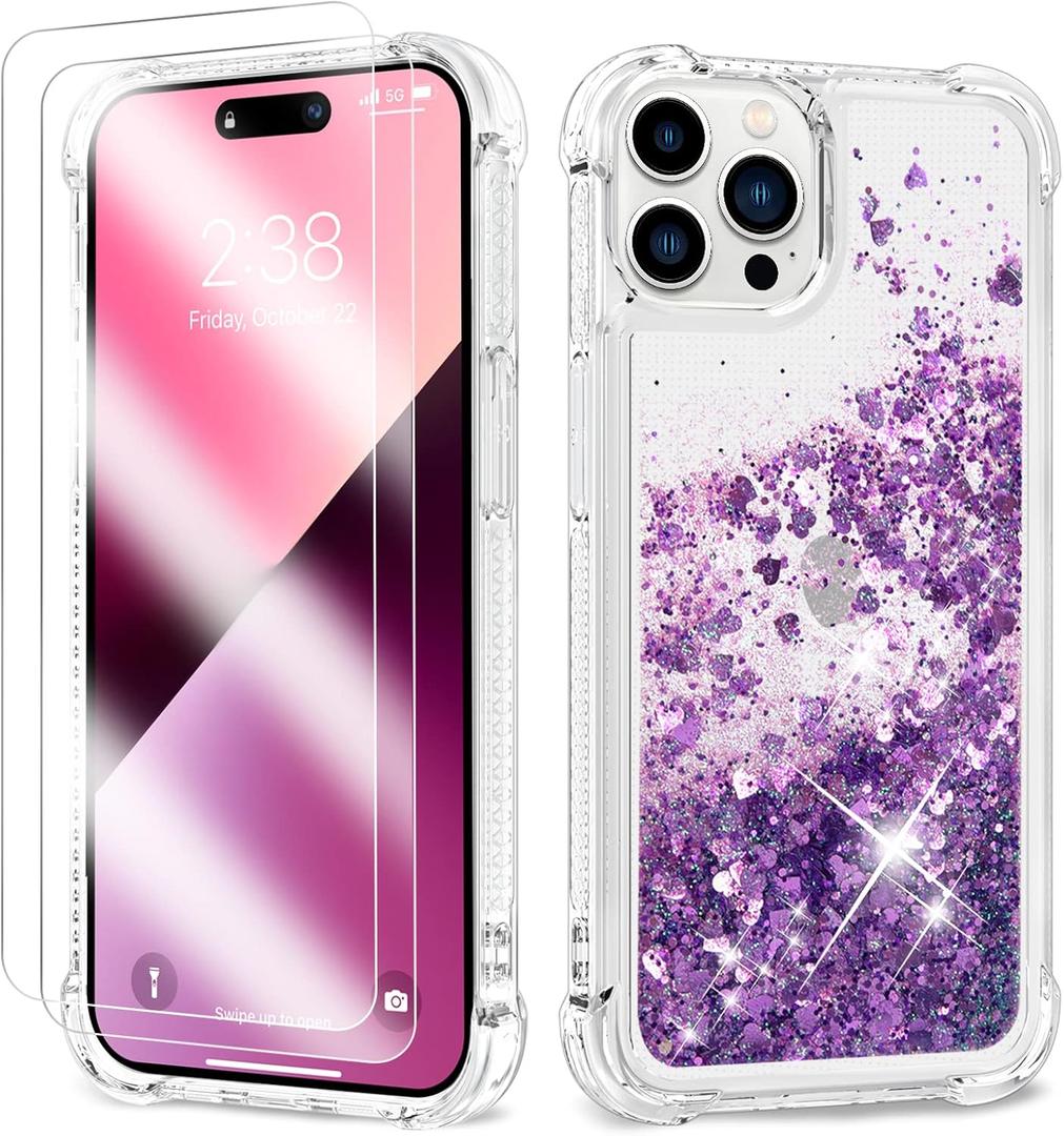 ANSHOW Compatible with iPhone 14 Pro Max Case for Women Girls Liquid Glitter Case,[ with Two Screen Protectors ] Cute Sparkly Clear Shiny Bling Sparkle Phone Cases Clear,Purple