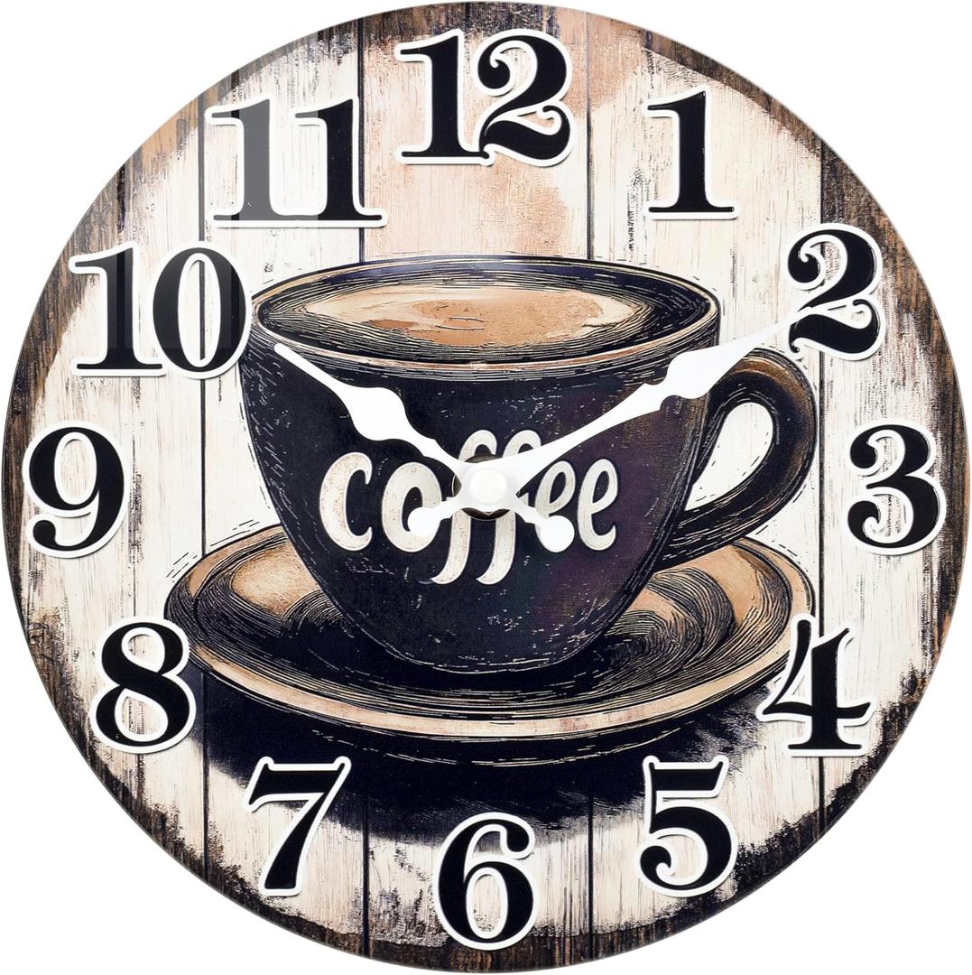 Large Kitchen Wall Clock,Vintage Coffee Sign Decor Wall Clocks Battery Operated for Cafes/Dining Room/Home(14 Inch)