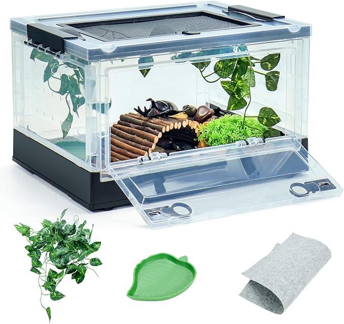 BINANO Foldable 16" Reptile Terrariums, Snake Tanks, and Enclosures for Bearded Dragons, Iguanas, Lizards, Crested Geckos -Clear Views, Portability, High-Temperature Resistant Iron Mesh Ventilation, Size: Small (16"x11.4"x9.3")
