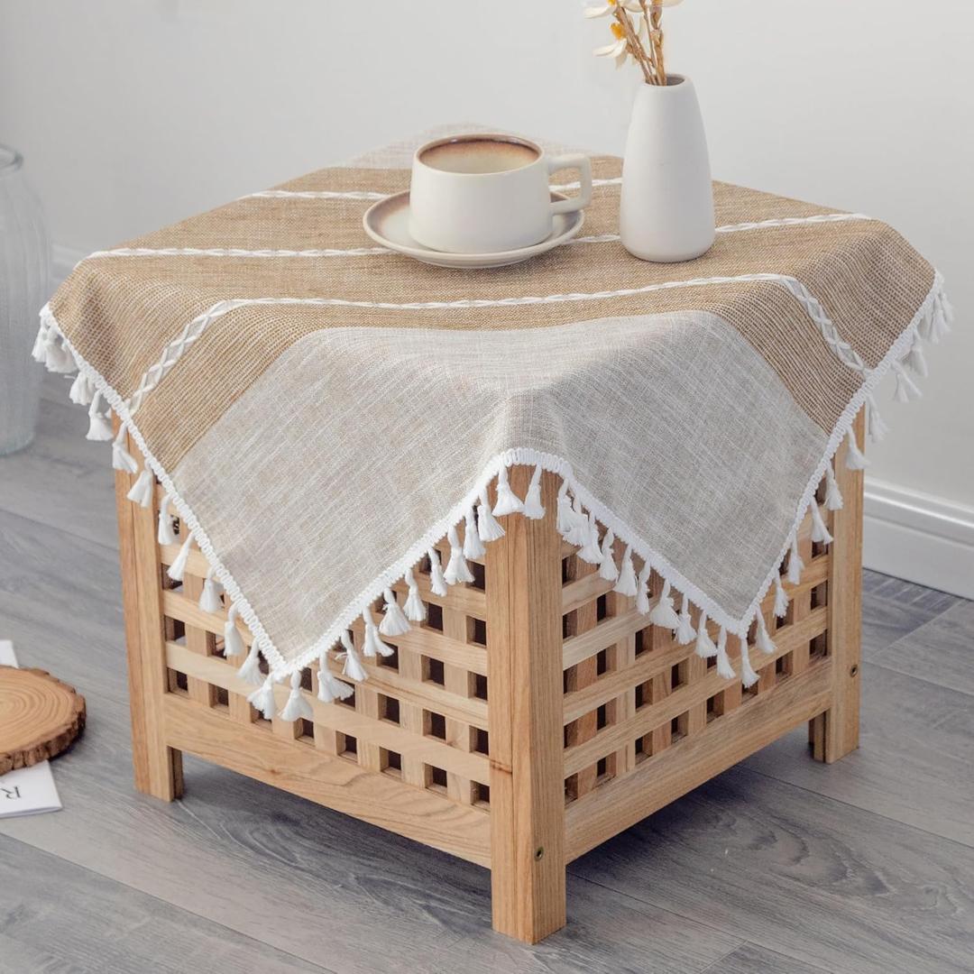 Small Waterproof Cotton Linen Washable Tablecloth Farmhouse Wrinkle Free Square Burlap Table Cloths 24x24 Inch Coffee Heavy Weight Table Cover with Tassels for Bedside Tables Home Decoration