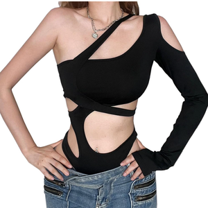 SINROYEE Sexy Hollow Out Women Bodysuit Summer Streetwear Outfit Gothic Jumpsuit T Shirt Short Sleeve Sleeveless (Size:L)