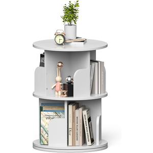 Nidouillet Rotating Bookshelf, Revolving Bookcase 360 Display Round Bookshelf, High-Density MDF Wood Narrow Swivel Corner Book Shelf Standing Bookcase for Adult Bedroom, Living Room (White, 2 Tier)