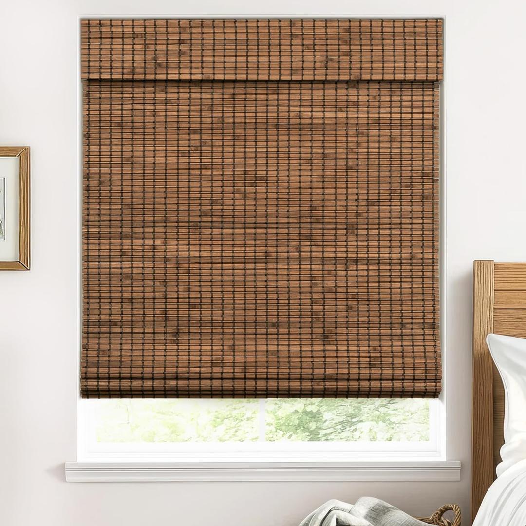 UNISHADES Cordless Bamboo Roman Shades for Windows, 100% Blackout Backing Fabric for Light Blocking, 27" W  64" H - Penang Teak
