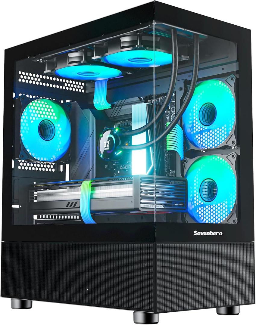 Sevenhero EMBL Micro ATX PC Case with 3 ARGB Fans, Compact Gaming Computer Case with Tempered Glass for Panoramic View, Supports 280mm AIO Cooler and 330mm GPU, Mini Tower for mATX ITX, USB 3.0, Black