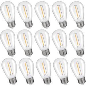 KLY 15-Pack LED String Light Bulbs, Plastic Shatterproof S14 Replacement Edison Bulbs, 1W Equivalent to 10W LED Bulb, Warm White 2200K E26 Base