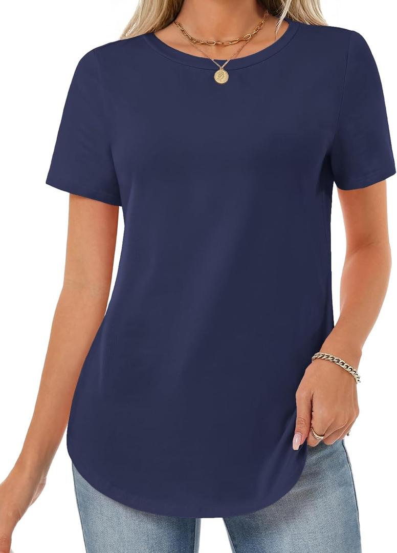 GKBK Womens Tops Cotton Short Sleeve Shirts Summer Crew Neck Basic Tees Casual Tunic Tops Curved Hem (Blue, M)