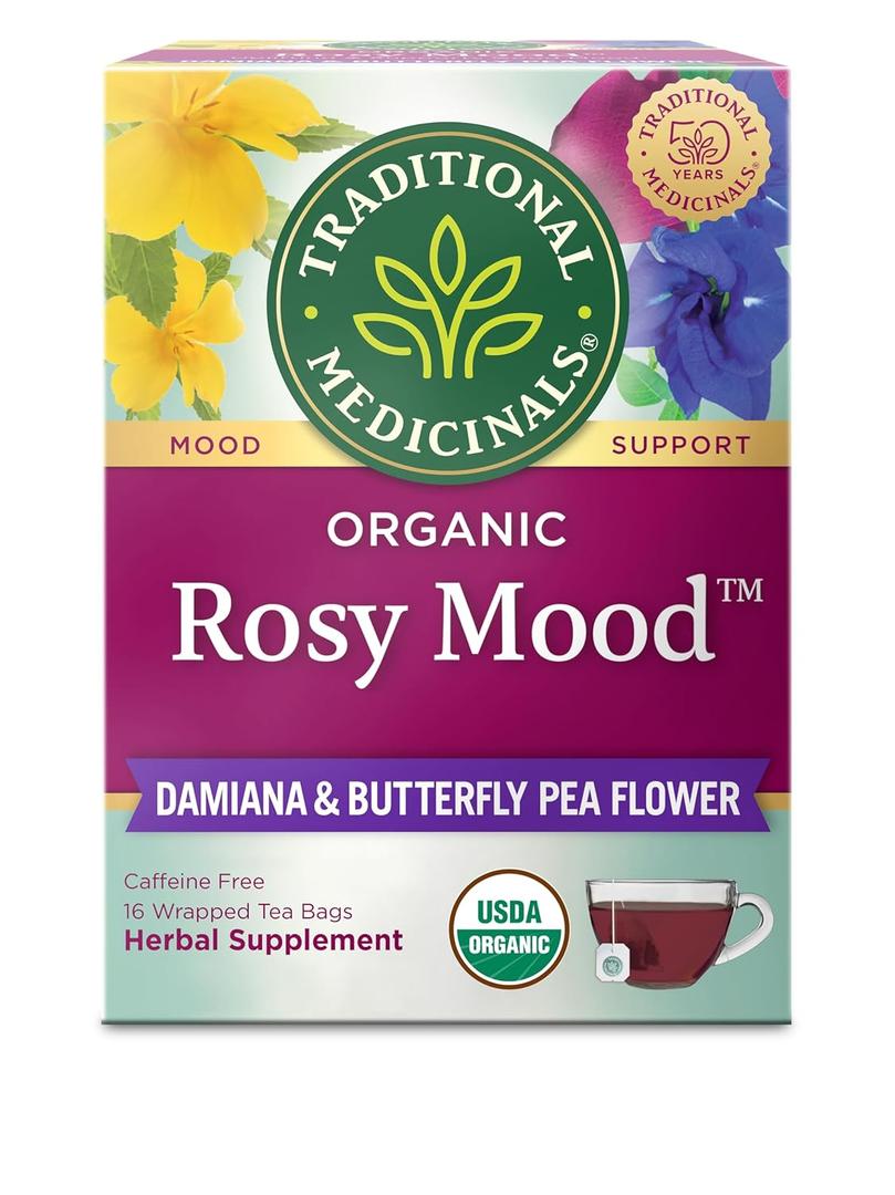 Traditional Medicinals Organic, Rosy Mood, Damiana & Butterfly Pea Flower - Uplifting Mood Support - Kosher, Non-GMO, Caffeine-Free, Compostable - 16 Tea Bags
