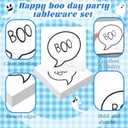 Yungyan 144 Pcs/24 Set Halloween Paper Plates and Napkins Boo Ghost Plates Blue Cups with Forks and Knife Halloween Party Tableware Set for Spooky Birthday Party Decoration Boo Baby Shower