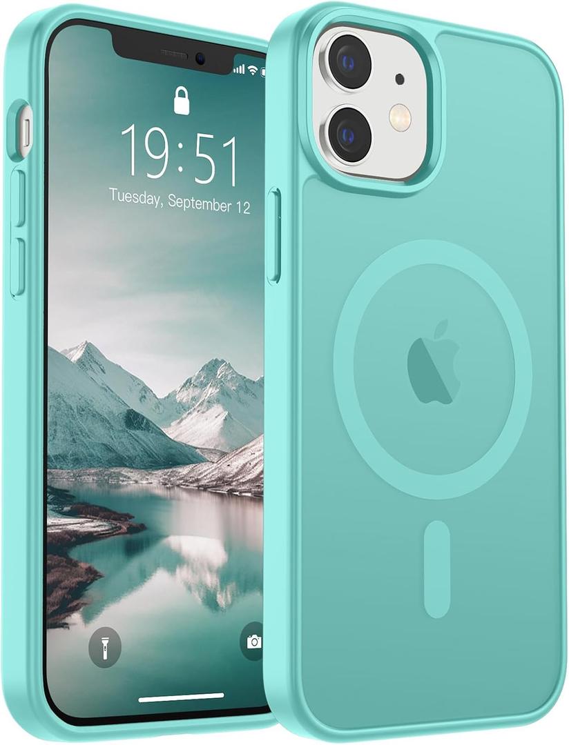 SUPFINE Magnetic for iPhone 12 Mini Case & iPhone 13 Mini Case (Compatible with MagSafe) (Military Grade Drop Protection) Slim Translucent Matte Shockproof Phone Cover,Blue Green