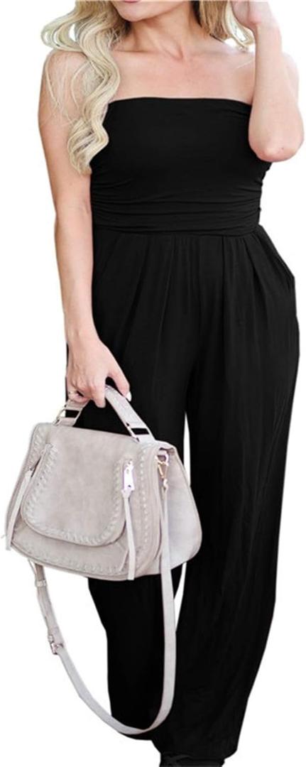 PRIMODA Women's Tube Top Strapless Off Shoulder Loose Wide Leg Jumpsuit Romper with Pockets (Large, Black)