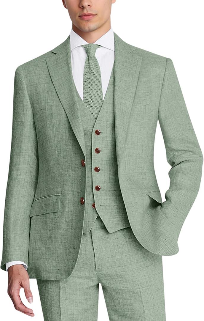 Men's Suit 3 Piece Linen Suits Slim Fit Suit Blazer Vest Pants Set Wedding Prom Tuxedos Business Casual Suit (XX-Large, Light Green)