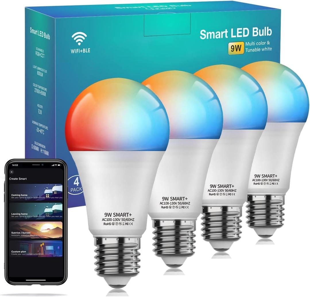 Smart Light Bulbs, WiFi & Bluetooth 5.0, Work with Alexa Google Assistant, App Control, Color Changing LED Bulb, E26 800LM Dimmable RGB Lights, Smart Home Lighting, Dimmable, 4Pack