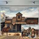 10x8ft Western Cowboy Bank Backdrop Vintage Wild West Wooden House Photography Pictures Background Old Horse Barn Western Cowboy Theme Party Decor Banner Props