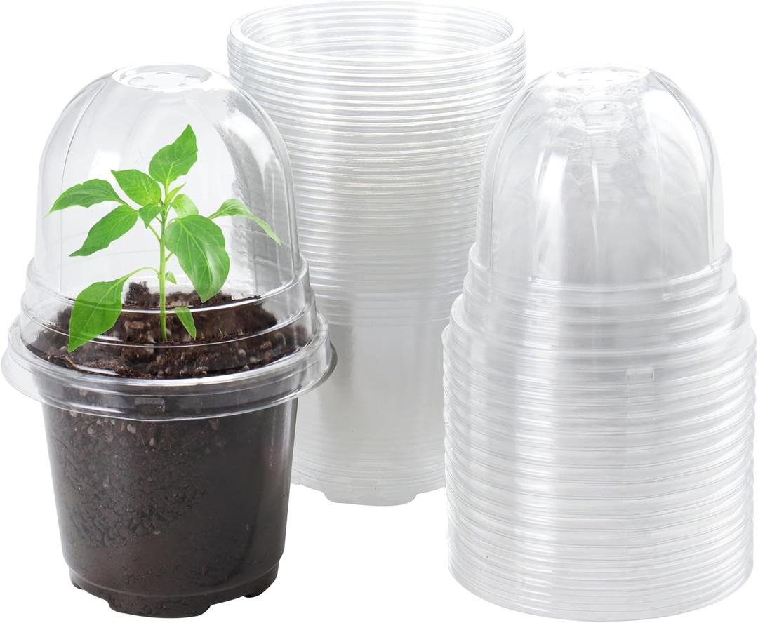 Bluepro 30 Packs 4 Inch Reinforced Clear Nursery Pots with Humidity Dome, Transparent Plastic Plant Pot Seedling Planter with Drainage Holes for Vegetable Propagation, Root Cutting, Seed Starting